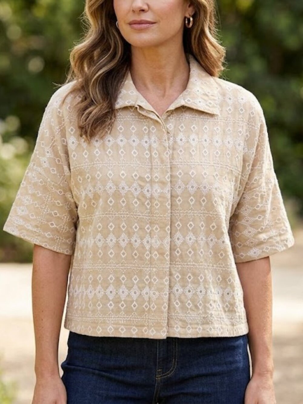 Kathy Ireland Tan Embroidered Button Front Top Large Boho Lined Boxy Shirt